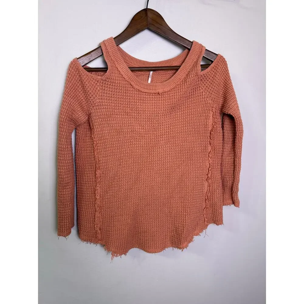 Free People Coral Pink Cold Shoulder Waffle Knit Sweater XS